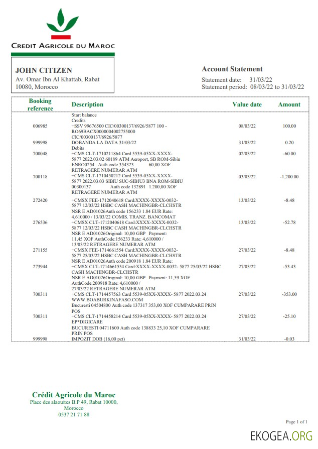 Modèle Word et PDF de relevé bancaire du Crédit Agricole Maroc template Modèle Word et PDF de relevé bancaire du Crédit Agricole Maroc template